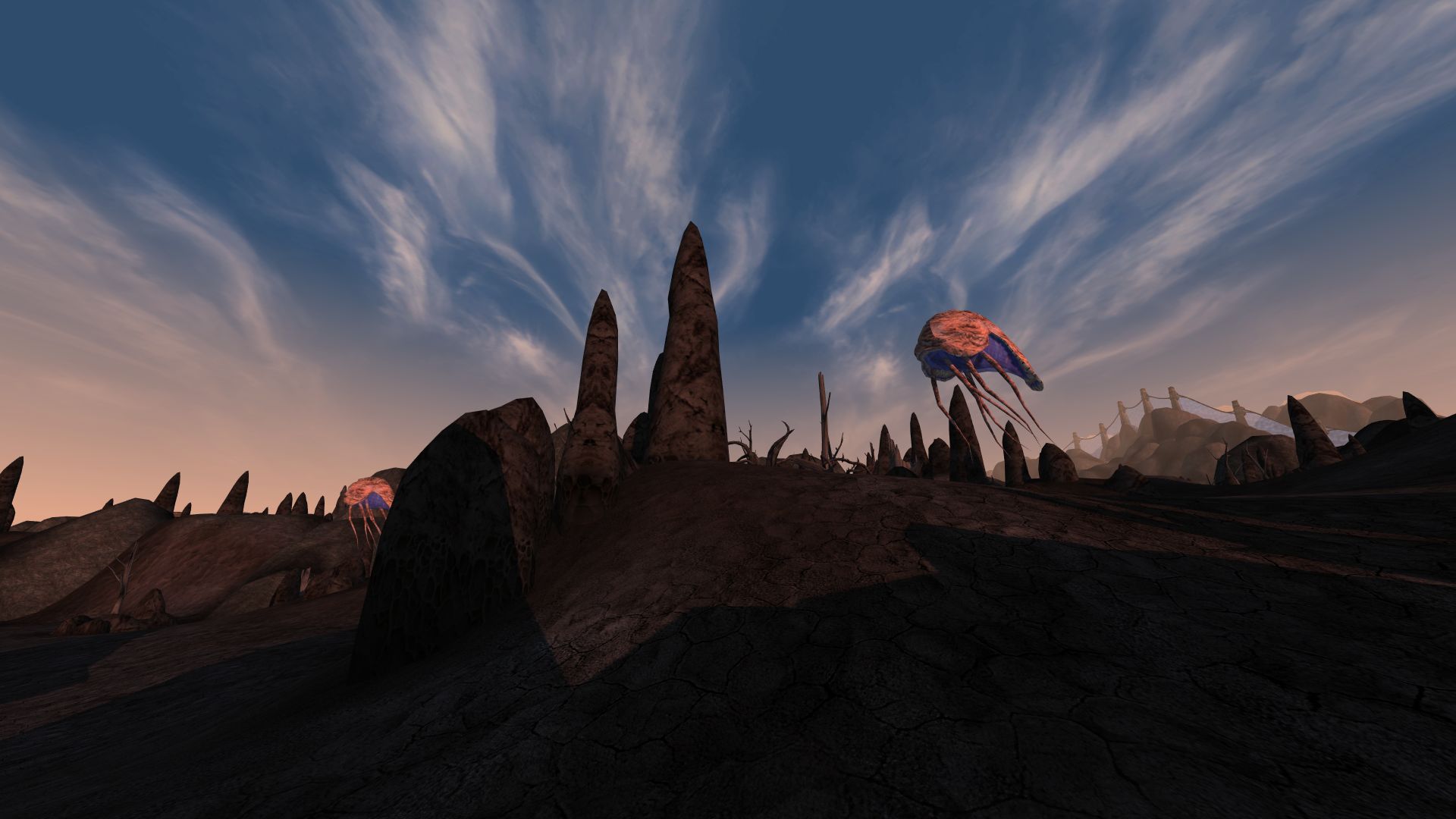 A screenshot of Morrowind in the dark and dusty Ashlands, with two Netch in the vicinity.