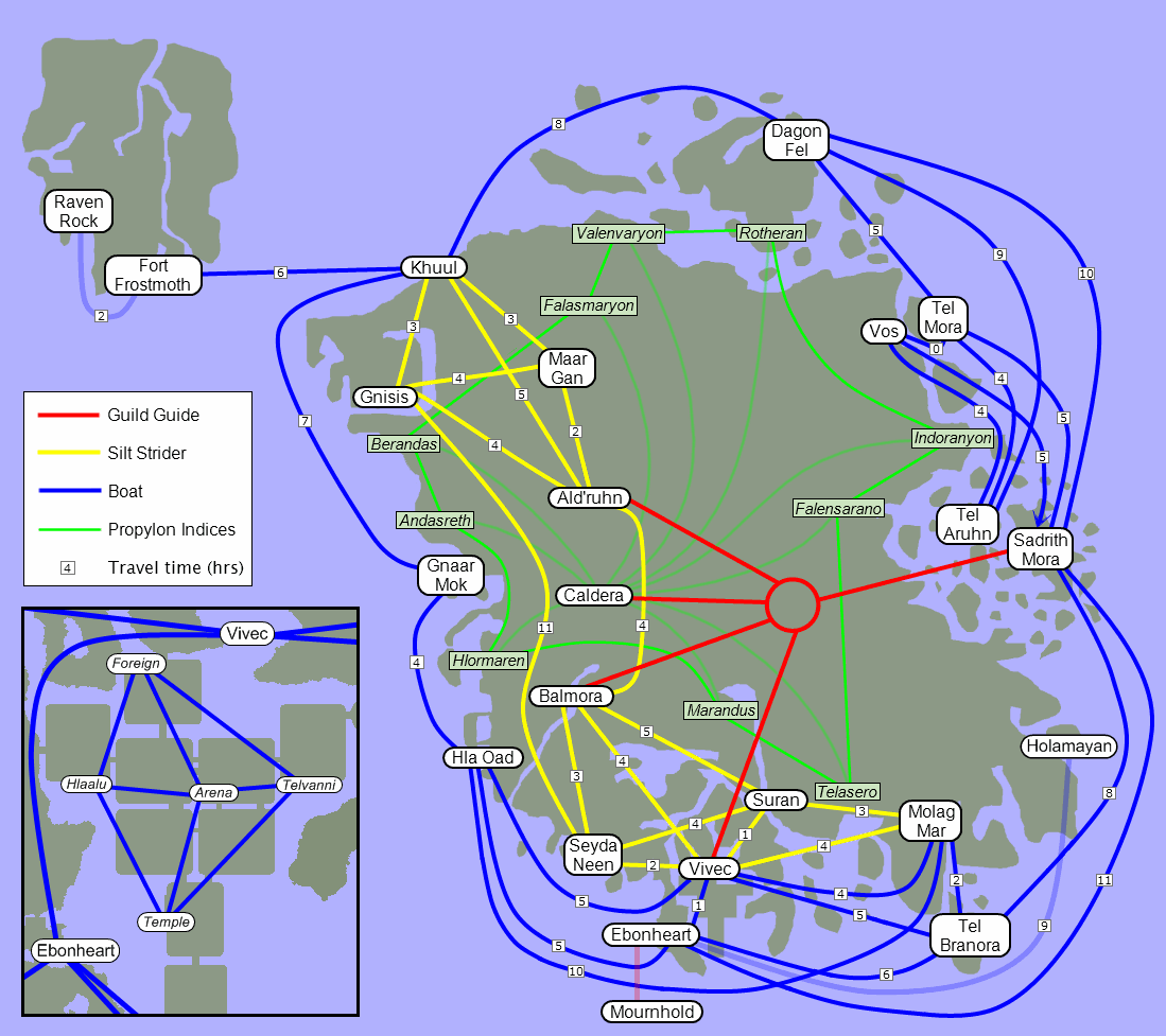 A map of all travel routes on Vvardenfell